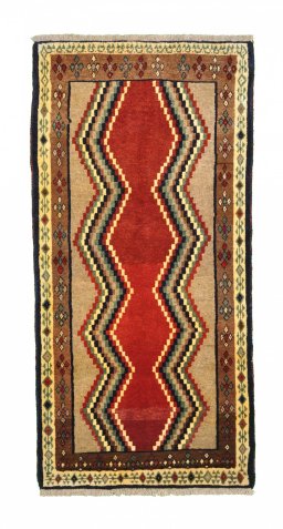 Full view of 2000s Persian Gabbeh rug from Iran / Persia, 173 × 85 cm in Red tones