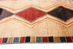 Full view of 2000s Persian Gabbeh rug from Iran / Persia, 207 × 120 cm in Beige tones