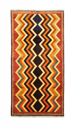 Full view of 2000s Persian Gabbeh rug from Iran / Persia, 235 × 118 cm in Multi Color tones
