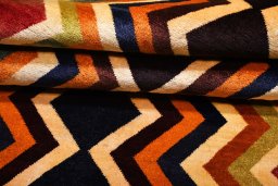 Full view of 2000s Persian Gabbeh rug from Iran / Persia, 235 × 118 cm in Multi Color tones