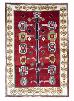 Full view of 2000s Persian Gabbeh rug from Iran / Persia, 162 × 110 cm in Red tones