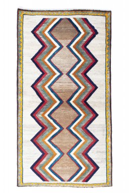 Full view of 2000s Persian Gabbeh rug from Iran / Persia, 187 × 100 cm in Beige tones