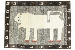 Full view of 2000s Persian Gabbeh rug from Iran / Persia, 142 × 102 cm in Gray tones