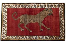 Full view of 2000s Persian Gabbeh rug from Iran / Persia, 200 × 120 cm in Red tones