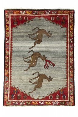 Full view of 2000s Persian Gabbeh rug from Iran / Persia, 135 × 100 cm in Gray tones