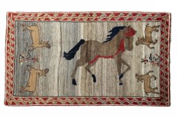 Full view of 2000s Persian Gabbeh rug from Iran / Persia, 196 × 110 cm in Beige tones