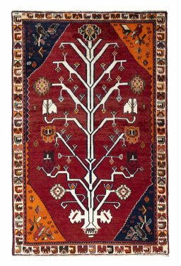 Full view of 2000s Persian Gabbeh rug from Iran / Persia, 164 × 106 cm in Red tones