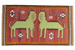 Full view of 2000s Persian Gabbeh rug from Iran / Persia, 251 × 141 cm in Red tones