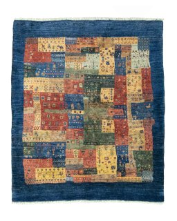 Full view of New Persian Gabbeh rug from Iran / Persia, 139 × 117 cm in Multi Color tones