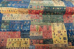 Full view of New Persian Gabbeh rug from Iran / Persia, 139 × 117 cm in Multi Color tones