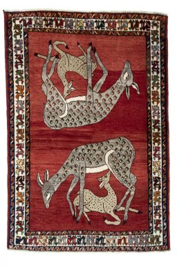 Full view of 2000s Persian Gabbeh rug from Iran / Persia, 152 × 103 cm in Red tones