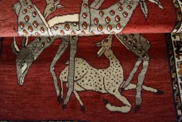 Full view of 2000s Persian Gabbeh rug from Iran / Persia, 152 × 103 cm in Red tones