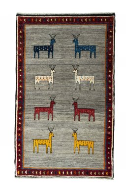Full view of 2000s Persian Gabbeh rug from Iran / Persia, 197 × 122 cm in Gray tones