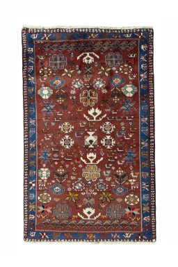 Full view of 2000s Persian Gabbeh rug from Iran / Persia, 152 × 93 cm in Red tones