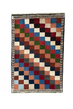 Full view of 2000s Persian Gabbeh rug from Iran / Persia, 125 × 83 cm in Multi Color tones