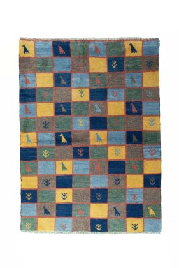 Full view of 2000s Persian Gabbeh rug from Iran / Persia, 161 × 117 cm in Multi Color tones