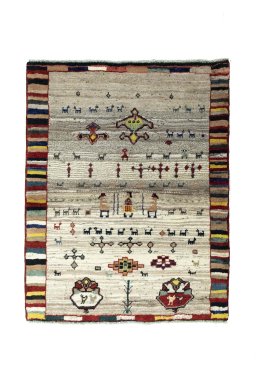 Full view of 2000s Persian Gabbeh rug from Iran / Persia, 136 × 107 cm in Beige tones