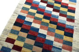 Backside of handmade New Persian Gabbeh rug showing knot structure and weave density