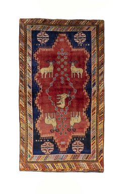 Full view of 2000s Persian Gabbeh rug from Iran / Persia, 232 × 130 cm in Red tones