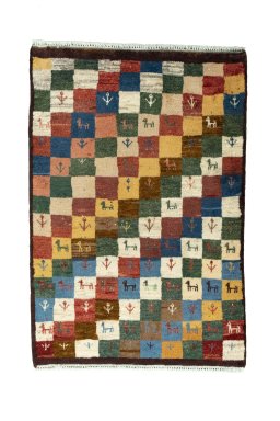 Full view of 2000s Persian Gabbeh rug from Iran / Persia, 120 × 82 cm in Multi Color tones