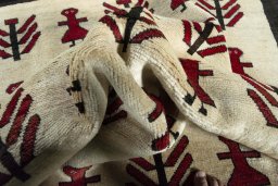 Corner detail of 2000s Persian Gabbeh rug showing border pattern and Wool pile