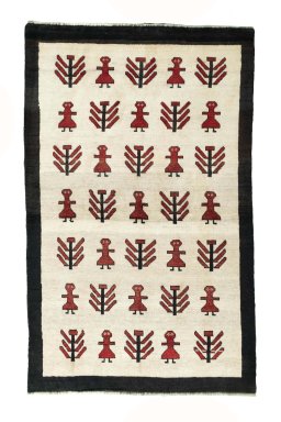 Full view of 2000s Persian Gabbeh rug from Iran / Persia, 215 × 133 cm in Beige tones