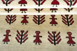 Full view of 2000s Persian Gabbeh rug from Iran / Persia, 215 × 133 cm in Beige tones