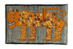 Full view of 2000s Persian Gabbeh rug from Iran / Persia, 156 × 101 cm in Yellow tones