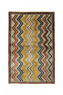 Full view of 2000s Persian Gabbeh rug from Iran / Persia, 165 × 107 cm in Gray tones