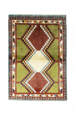 Full view of 2000s Persian Gabbeh rug from Iran / Persia, 142 × 97 cm in Multi Color tones