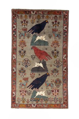 Full view of 2000s Persian Gabbeh rug from Iran / Persia, 253 × 145 cm in Brown tones