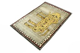 Corner detail of 2000s Persian Gabbeh rug showing border pattern and Wool pile