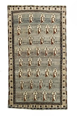Full view of 2000s Persian Gabbeh rug from Iran / Persia, 260 × 148 cm in Gray tones