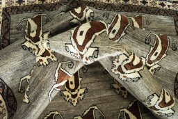 Full view of 2000s Persian Gabbeh rug from Iran / Persia, 260 × 148 cm in Gray tones