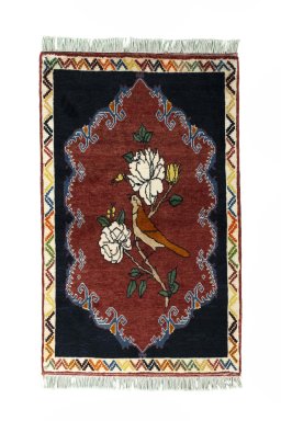 Full view of 2000s Persian Gabbeh rug from Iran / Persia, 136 × 84 cm in Red tones
