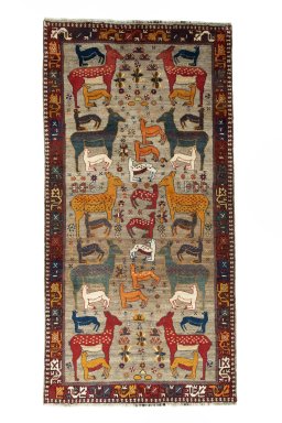 Full view of 2000s Persian Gabbeh rug from Iran / Persia, 284 × 142 cm in Multi Color tones