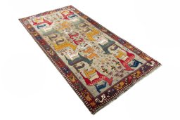 Close-up detail of 2000s Persian Gabbeh rug from Iran / Persia showing Wool weave
