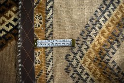 Close-up detail of 2000s Persian Gabbeh rug from Iran / Persia showing Wool weave