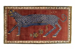 Full view of 2000s Persian Gabbeh rug from Iran / Persia, 215 × 122 cm in Red tones