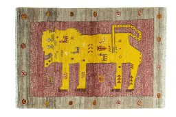 Full view of 2000s Persian Gabbeh rug from Iran / Persia, 146 × 101 cm in Red tones