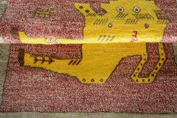 Full view of 2000s Persian Gabbeh rug from Iran / Persia, 146 × 101 cm in Red tones