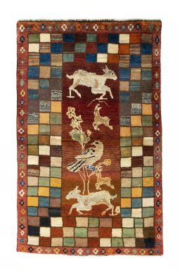 Full view of 2000s Persian Gabbeh rug from Iran / Persia, 177 × 111 cm in Multi Color tones