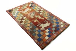 Close-up detail of 2000s Persian Gabbeh rug from Iran / Persia showing Wool weave