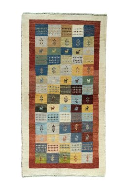 Full view of New Persian Gabbeh rug from Iran / Persia, 185 × 96 cm in Beige tones