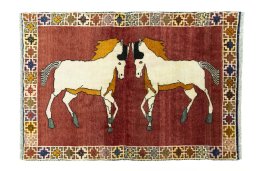 Full view of 2000s Persian Gabbeh rug from Iran / Persia, 150 × 103 cm in Red tones