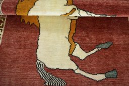 Full view of 2000s Persian Gabbeh rug from Iran / Persia, 150 × 103 cm in Red tones