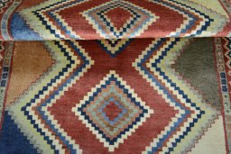 Full view of 2000s Persian Gabbeh rug from Iran / Persia, 152 × 103 cm in Multi Color tones