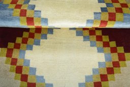 Full view of 2000s Persian Gabbeh rug from Iran / Persia, 145 × 97 cm in Beige tones