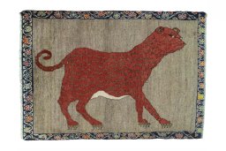 Full view of 2000s Persian Gabbeh rug from Iran / Persia, 115 × 82 cm in Brown tones