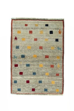 Full view of 2000s Persian Gabbeh rug from Iran / Persia, 144 × 103 cm in Beige tones